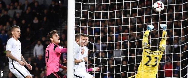 Slovakia goalkeeper Martin Dubravka makes a save against Scotland