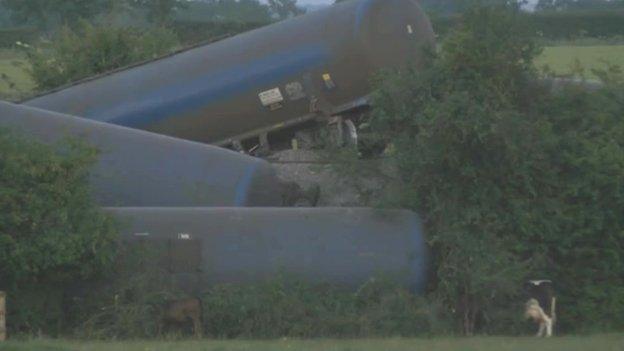 Derailed freight train near Langworth