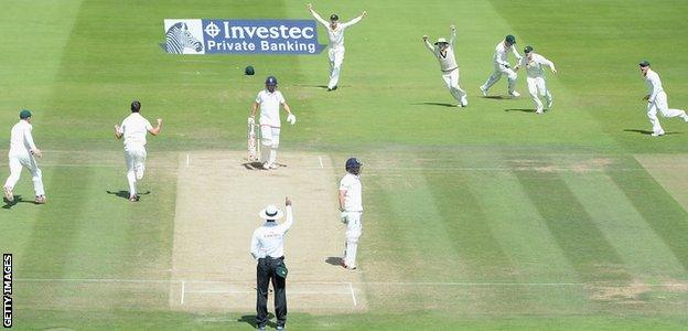 Gary Ballance is caught behind in the second Ashes Test against Australia in 2015