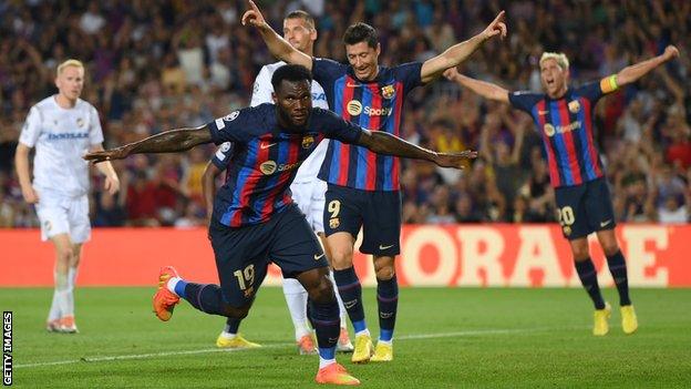 Franck Kessie celebrates scoring for Barcelona against Viktoria Plzen in the Champions League