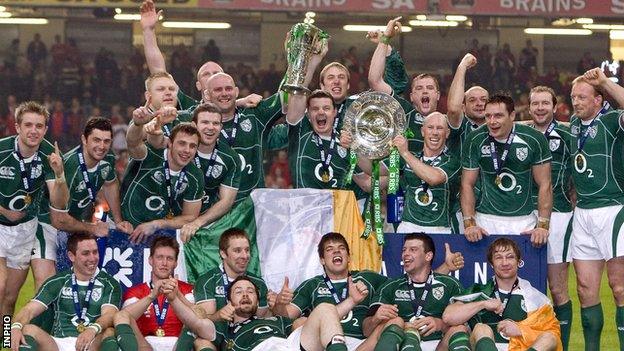 Ireland celebrate their 2009 Grand Slam triumph after defeating Wales in Cardiff