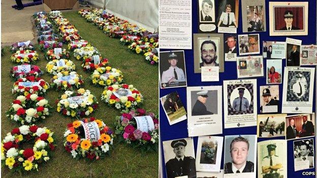 Wreaths and photos of police who have died