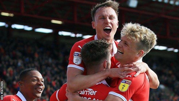 Barnsley celebrate their winner against Blackpool