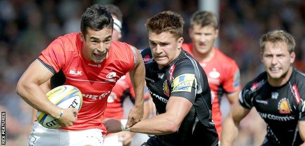 Alex Lozowski goes past Henry Slade