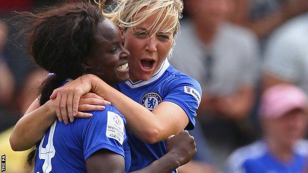 Eniola Aluko (left) celebrates goal with Gemma Davison