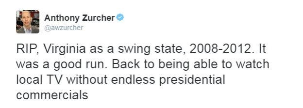 Tweet by the BBC's Anthony Zurcher on Donald Trump's campaign team reportedly giving up on Virginia