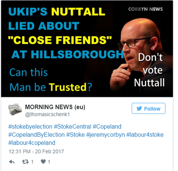 Tweeted image: "UKIP's Nuttall lied about 'close friends' at Hillsborough, can this man be trusted"