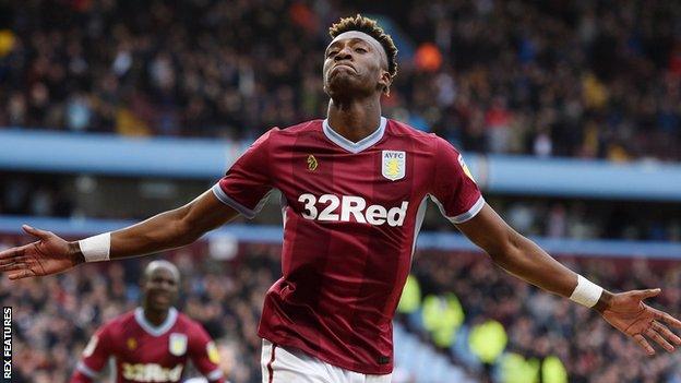 Tammy Abraham celebrates his first-half goal for Aston Villa against Derby