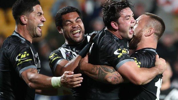 New Zealand celebrate a try in their victory over Australia