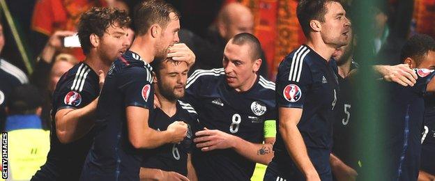 Shaun Maloney is mobbed by team-mates after scoring a great goal for Scotland against the Republic of Ireland