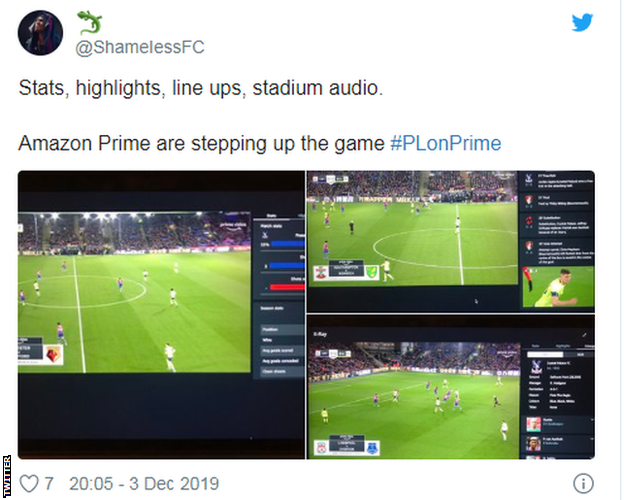 Tweet saying 'Stats, highlights, line ups, stadium audio. Amazon Prime are stepping up the game'