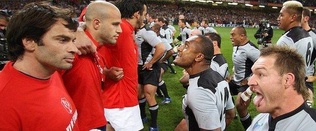 France advance on the haka in 2007 Rugby World Cup