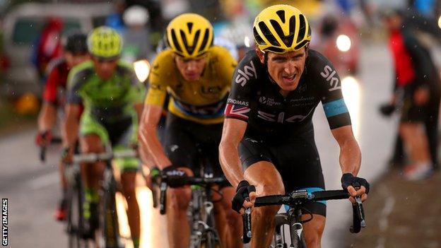 Geraint Thomas leads Team Sky team-mate Chris Froome through a rain-soaked 12th stage of the Tour de France