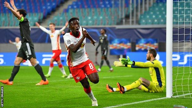 Amadou Haidara celebrates scoring for RB Leipzig