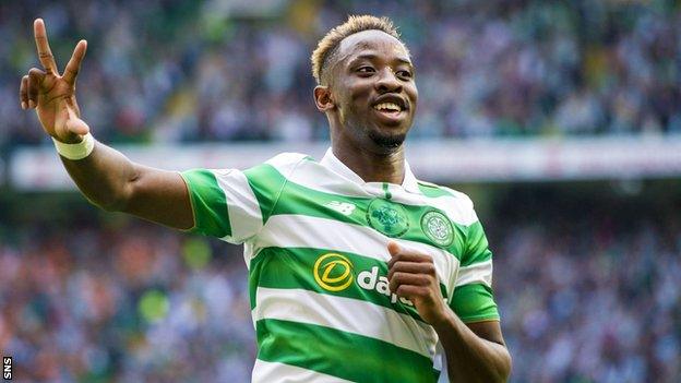 Moussa Dembele celebrates after scoring his third goal for Celtic