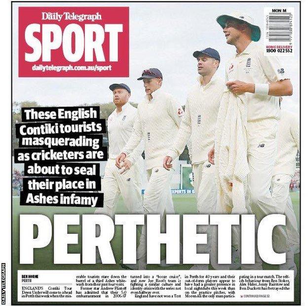 Back page of Australia's Daily Telegraph newspaper describes England's cricketers as "Perthetic" before the Third Test in Perth