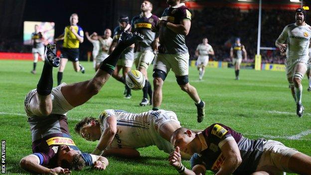 Lachlan Turner of Exeter Chiefs goes over for a try