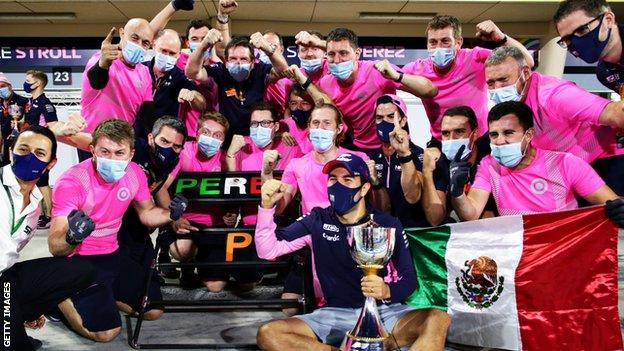 Sergio Perez and RAcing Point celebrate together