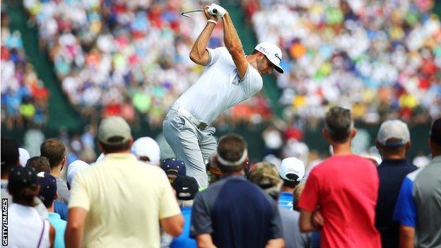 Dustin Johnson tees off at the sixth during the first round at Whistling Straits