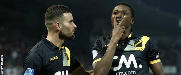 Umar Sadiq (right) celebrates with Breda