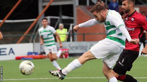 Jon Routledge in action for New Saints against Shkendija