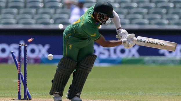 Temba Bavuma is bowled against the Netherlands