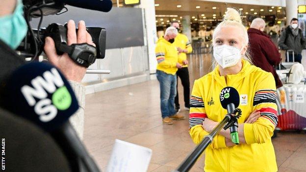 Belgian skeleton athlete Kim Meylemans is interviewed before her departure for the Beijing 2022 Winter Olympic Games