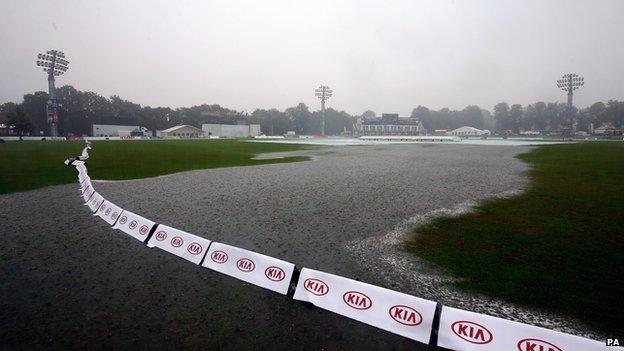 A flooded outfield as a thunderstorm halts play during day three of the Women's Ashes Test at The Spitfire Ground, Canterbury