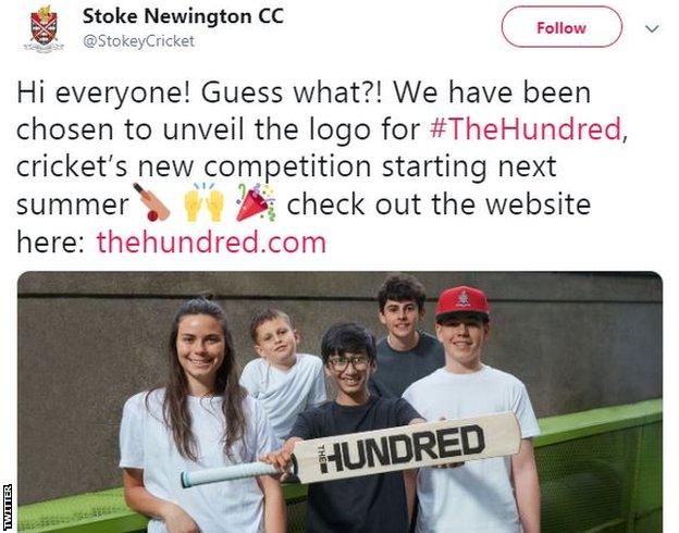 Tweet by Stoke Newington Cricket Club as part of the launch for The Hundred