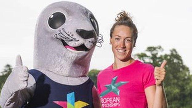 Glasgow 2018 mascot Bonnie the Seal and Karen Bennet