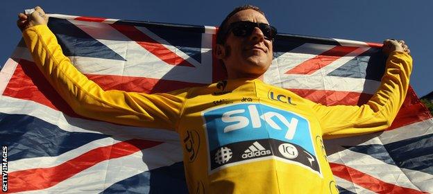 Sir Bradley Wiggins celebrates winning the Tour de France in 2012