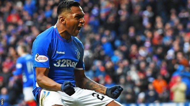 Alfredo Morelos celebrates scoring for Rangers against Kilmarnock