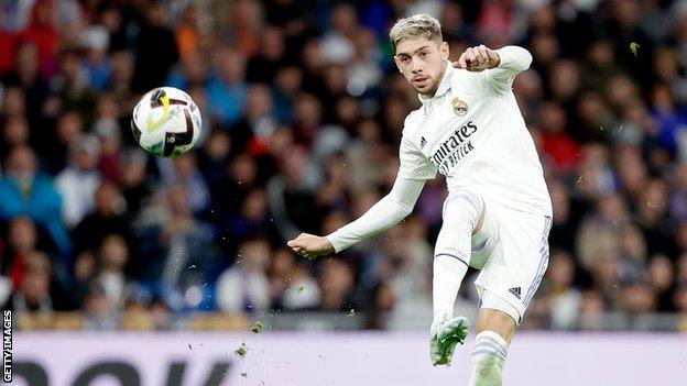 Real Madrid midfielder Fede Valverde scores the third goal against Sevilla