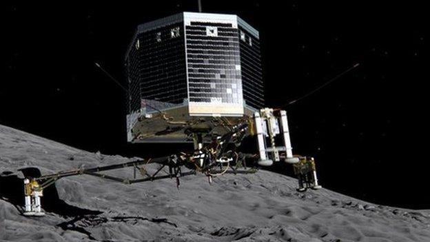 An artists' impression of Rosettas lander Philae landing on Comet 67P/Churyumov-Gerasimenko