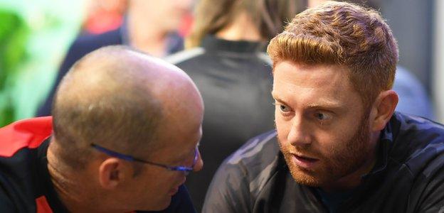 England's Jonny Bairstow, who will play for Welsh Fire, consults with his head coach Gary Kirsten during the draft