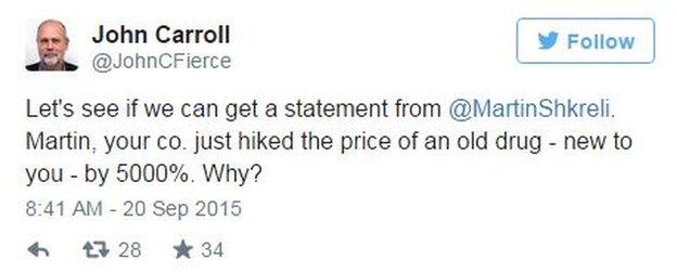 Tweet by John Carroll asking Martin Shkreli about drug prices