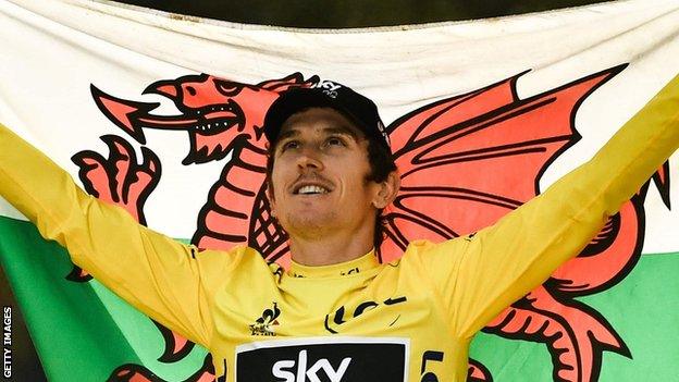 Cyclist Geraint Thomas celebrates his Tour de France victory