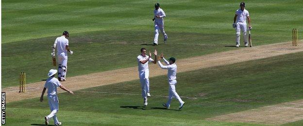 Morne Morkel (centre) celebrates taking Alex Hales' wicket