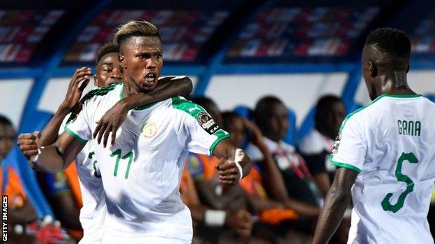 Inter Milan forward Keita Balde celebrates scoring for Senegal