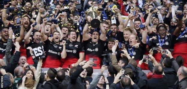 Saracens celebrate winning the European Rugby Champions Cup