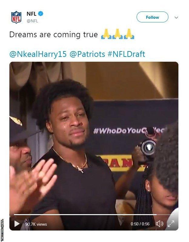 N'Keal Harry's tearful reaction to being picked by New England Patriots in the draft