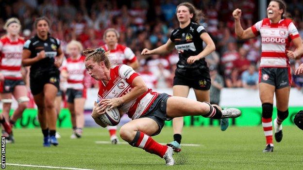 Lisa Neumann scores Gloucester's fifth try against Exeter in the Premier 15s final