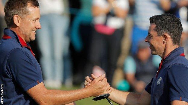 Ian Poulter (left) and Rory McIlroy at the 2018 Ryder Cup