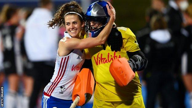 Anna Toman and Maddie Hinch celebrate