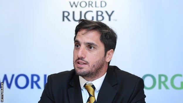 World Rugby vice-chairman Agustin Pichot speaks at a news conference