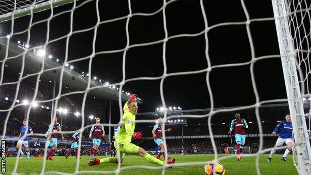 Wayne Rooney scores his second goal against West Ham