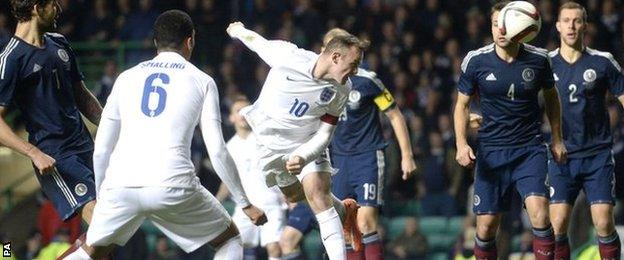 Wayne Rooney scores with a header against Scotland at Celtic Park