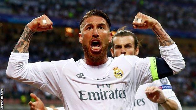 Sergio Ramos celebrates scoring against Atletico Madrid in the 2016 Champions League final