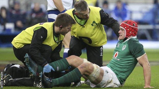 Ireland flanker Josh van der Flier receiving treatment at the Stade de France on Saturday