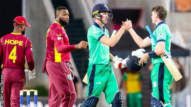 Harry Tector and Gareth Delany celebrate as Ireland win the second ODI in Kingston